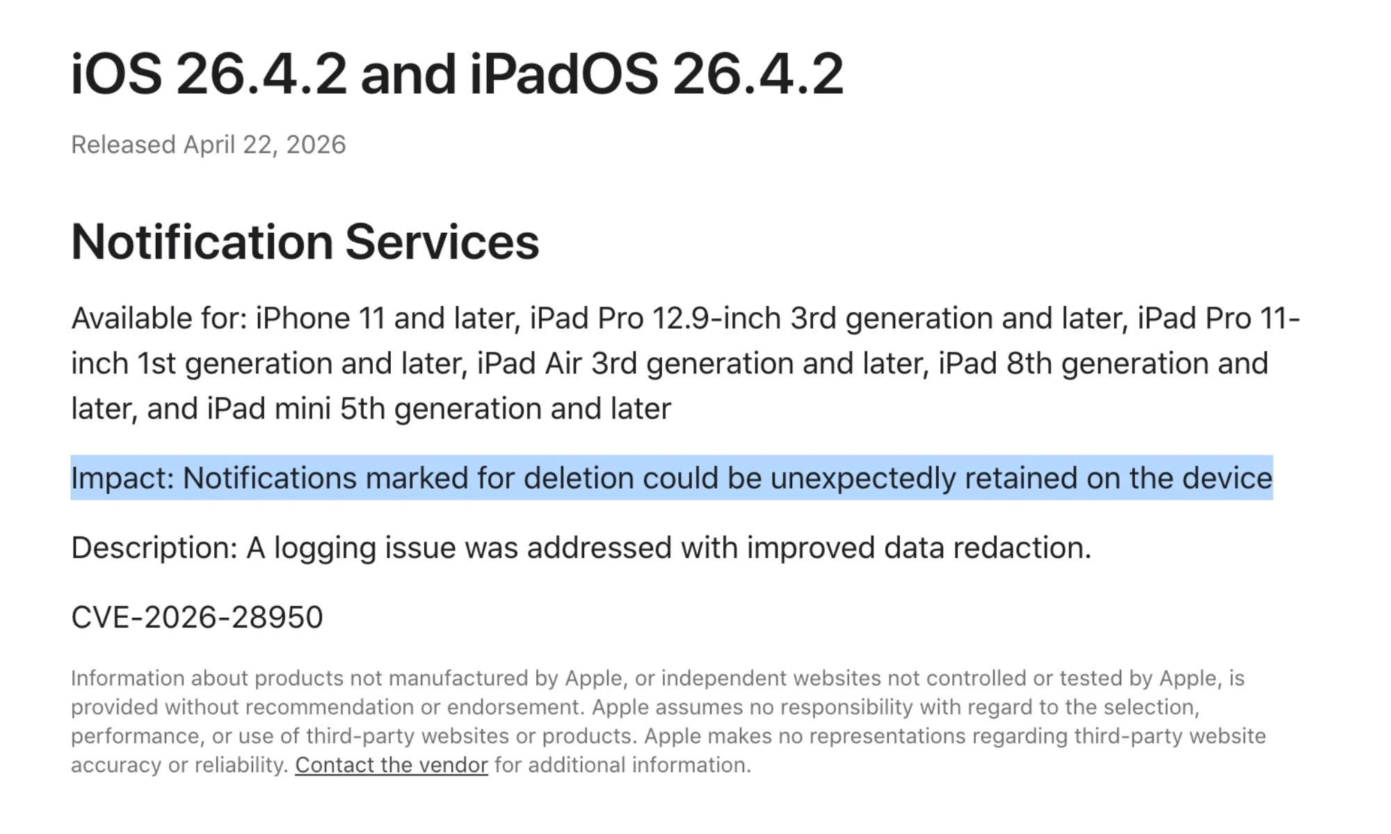 Screenshot of Apple's security patch.