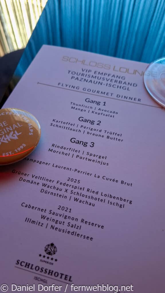 Menükarte des Flying Gourmet Dinners beim VIP-Empfang des Tourismusverbandes Paznaun-Ischgl in der Schlosslounge des Schlosshotel Ischgl