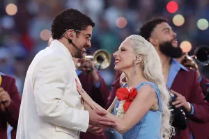 SANTA CLARA, CALIFORNIA - FEBRUARY 08: Bad Bunny and Lady Gaga perform onstage during the Apple Music Super Bowl LX Halftime Show at Levi's Stadium on February 08, 2026 in Santa Clara, California. (Photo by Kevin C. Cox/Getty Images)