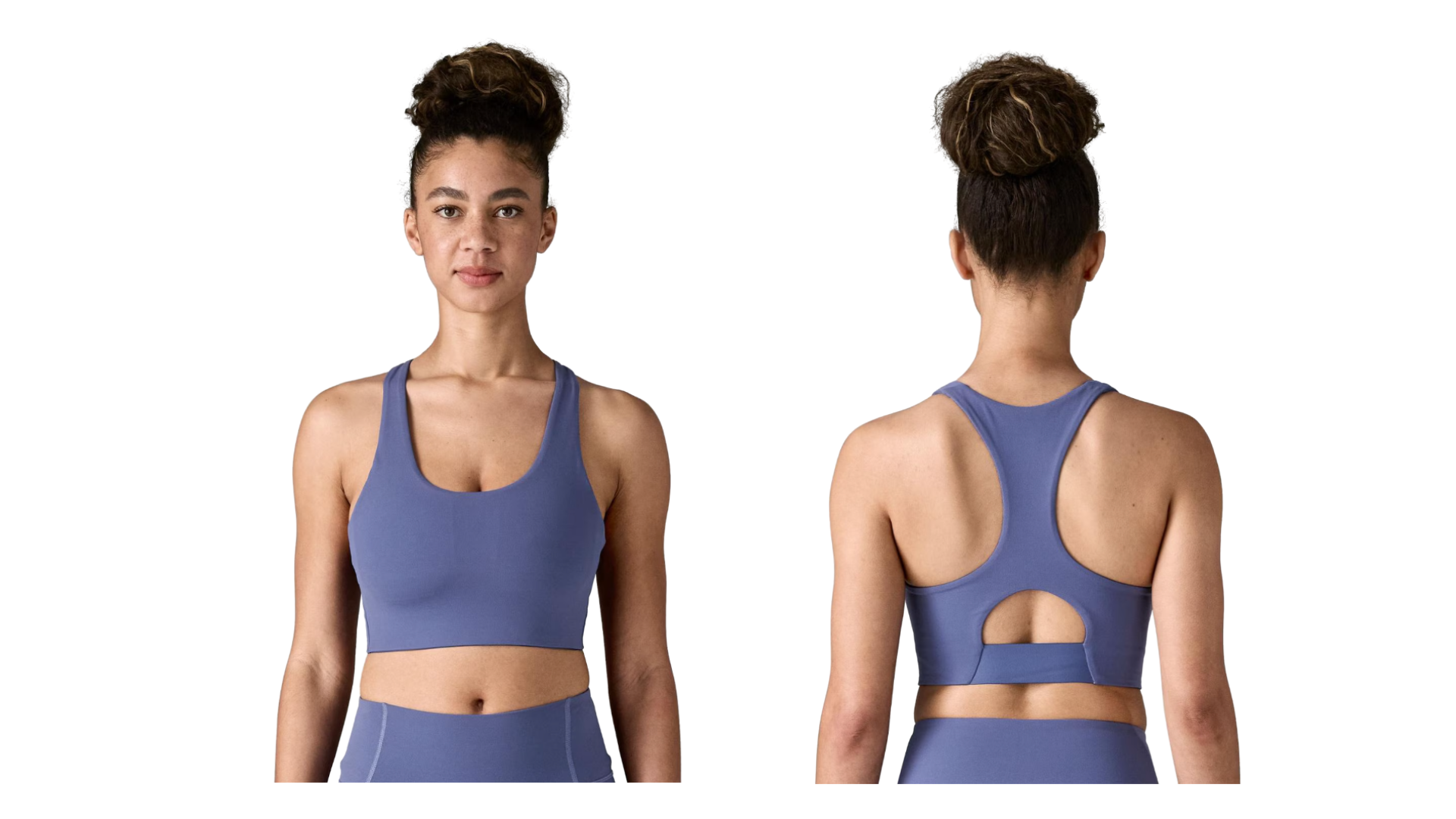 Woman modeling a blue-ish or purple-ish racer-back yoga bra