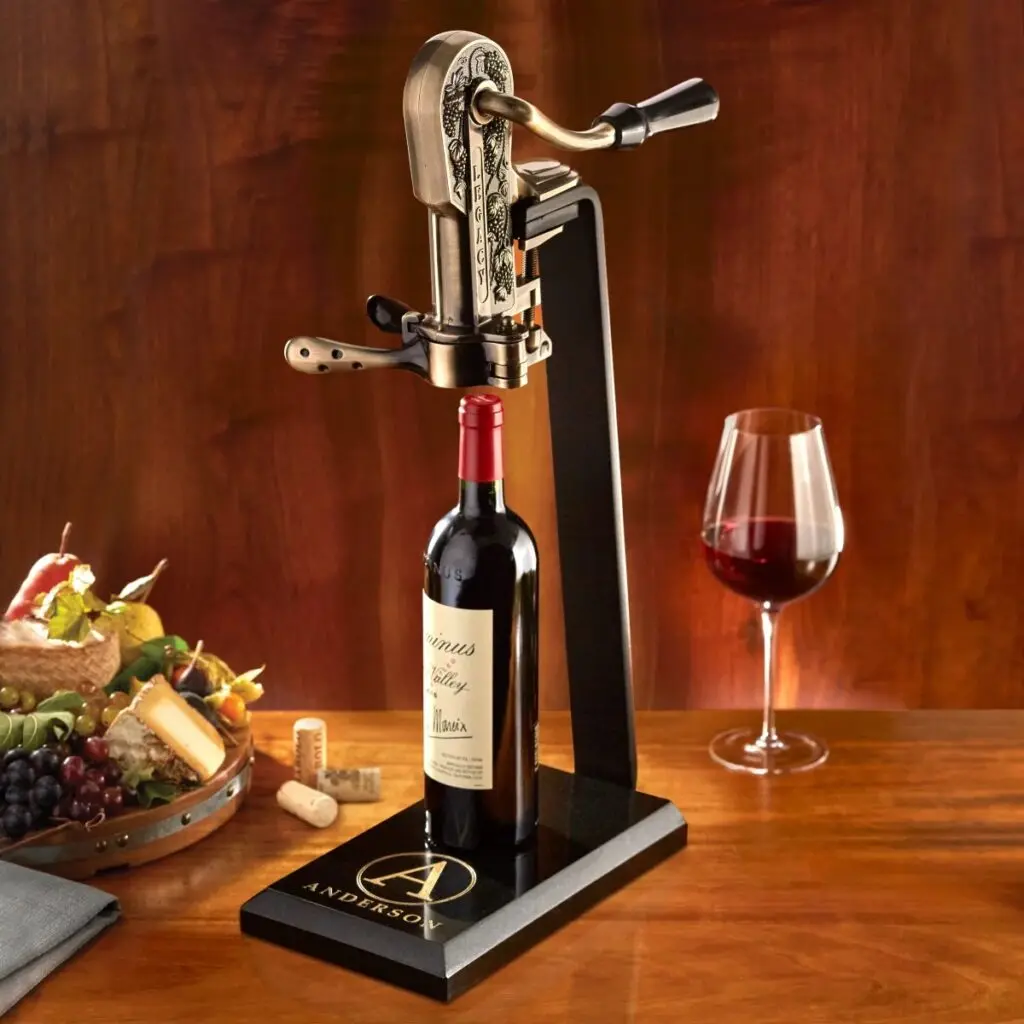 legacy corkscrew with black marble stand and handle antique bronze