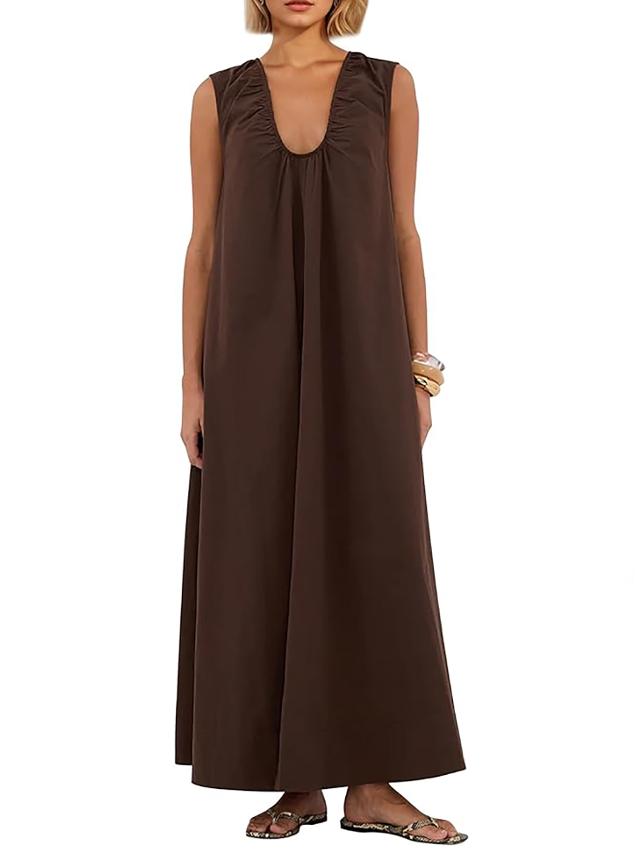Ardrem, Ardrem Women Sleeveless Ruched Maxi Dress Scoop Neck Long Elegant Dresses Wide Shoulder Strap Blouse Dress With Side Pockets Brown