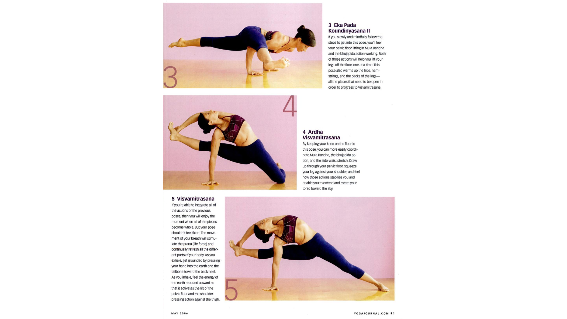 One-page layout from a May 2006 issue of Yoga Journal showing a woman practicing the yoga pose Visvamitrasana