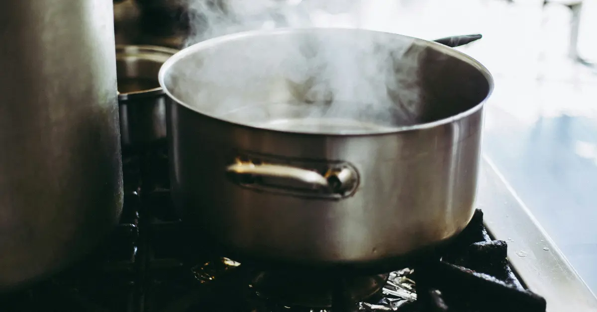 A pot of boiling water sits on the stove
