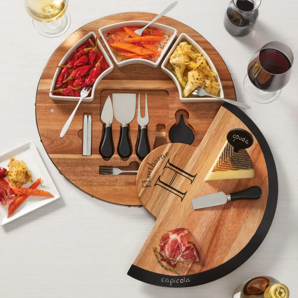 Barrel-Inspired Acacia Wood and Chalkboard Swivel Cheeseboard Set