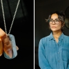 Left: A close up photo of Serrato's hand holding her partner's dog tags. Right: A portrait of Serrato in a doorway. She is wearing an oversized denim shirt with dark pants, she has glasses and her hair is in a ponytail.