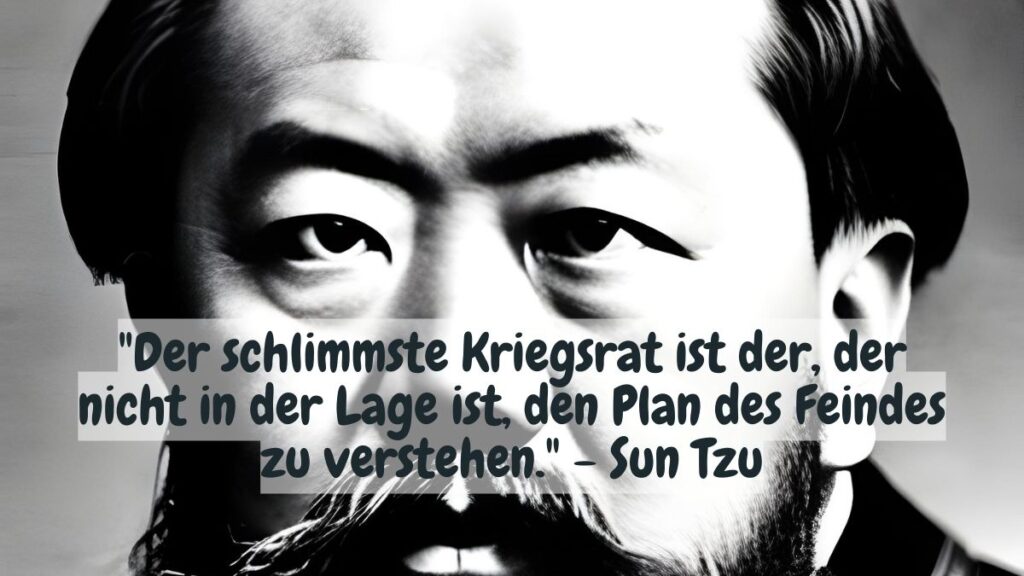 schielender Chinese und Zitat: "Der schlimmste Kriegsrat ist der, der nicht in der Lage ist, den Plan des Feindes zu verstehen." - Sun Tzu