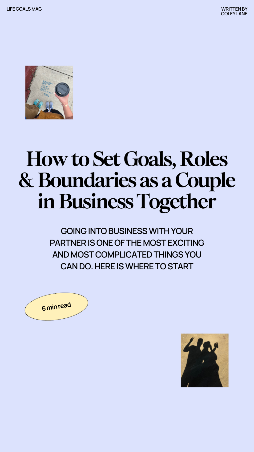 Editorial style design with photos of a couple and headline reading “How to Set Goals, Roles & Boundaries as a Couple in Business Together.”
