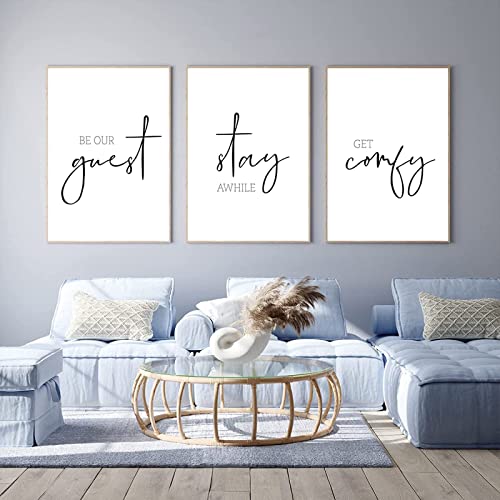 Be Our Guest Wall Decor Guest Room Wall Art Decor Stay Awhile Signs for Home Decor Minimalist Wall Art over the Bed Sign Guest Bedroom Wall Decor Canvas Painting 12x16 Inch (set of 3) UNFRAMED