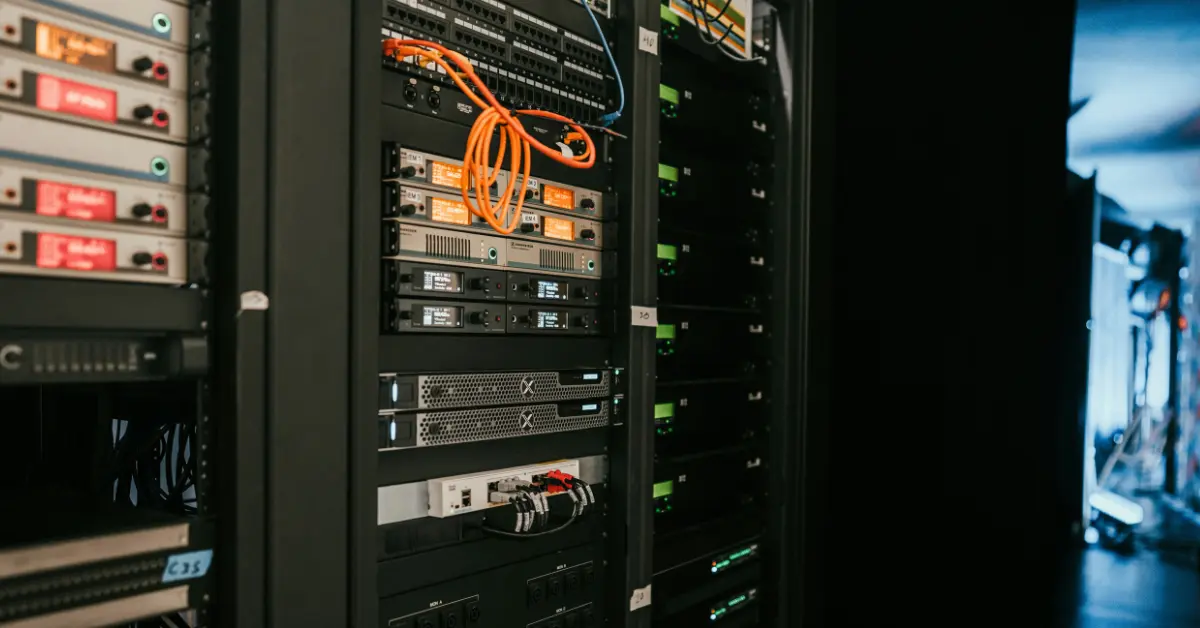 A close-up of a data server cabinet