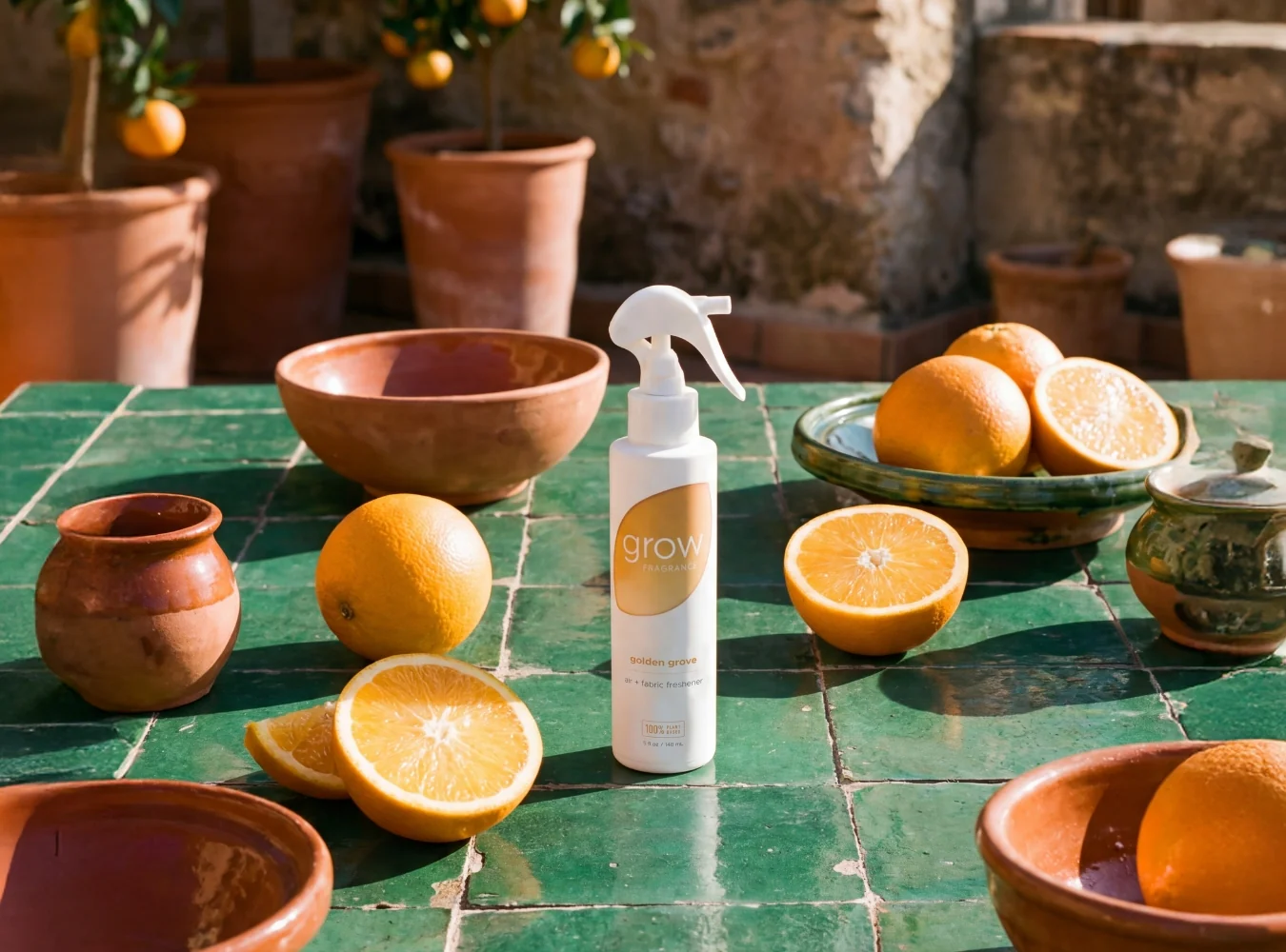 Golden Grove Air + Fabric Spray on green tiled table with bowls of citrus fruit and orange slices (featured)