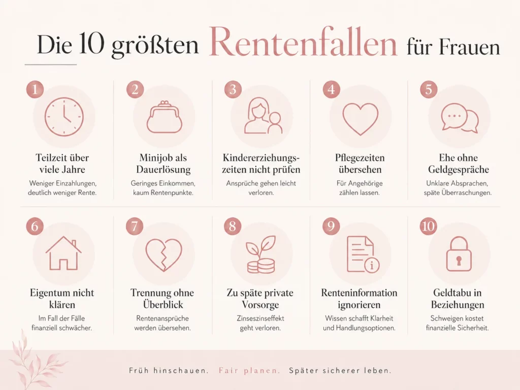 Frauen und Rente: Die unsichtbare Geldfalle, die viele erst mit 60 bemerken 8 Infografik mit den 10 größten Rentenfallen für Frauen