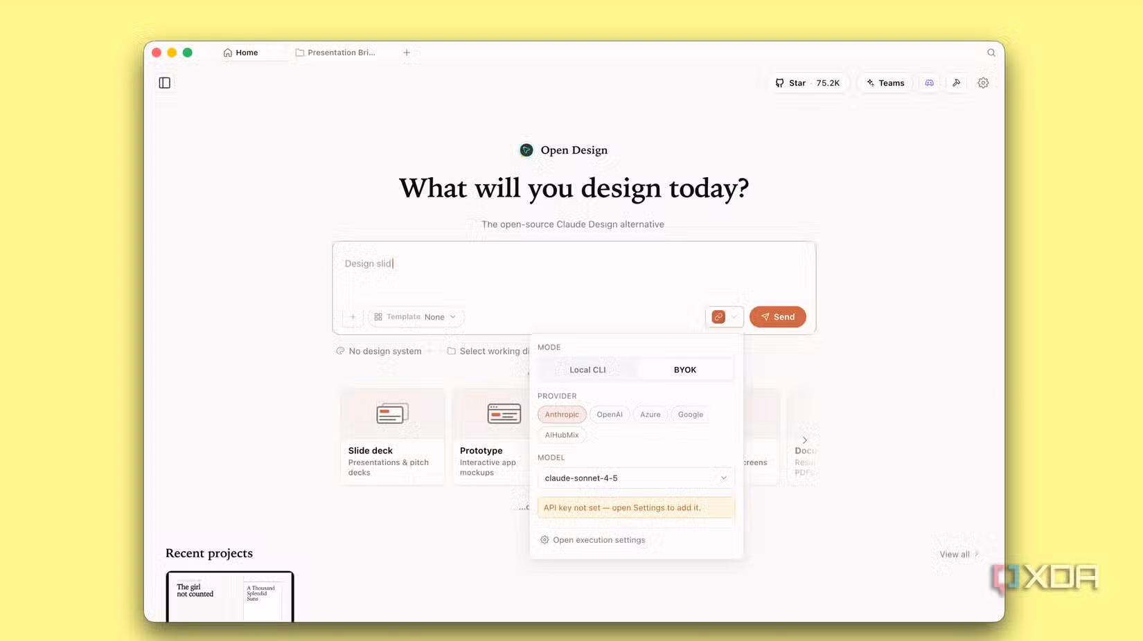 Open Design home in BYOK mode, Anthropic provider picked, API key not set warning
