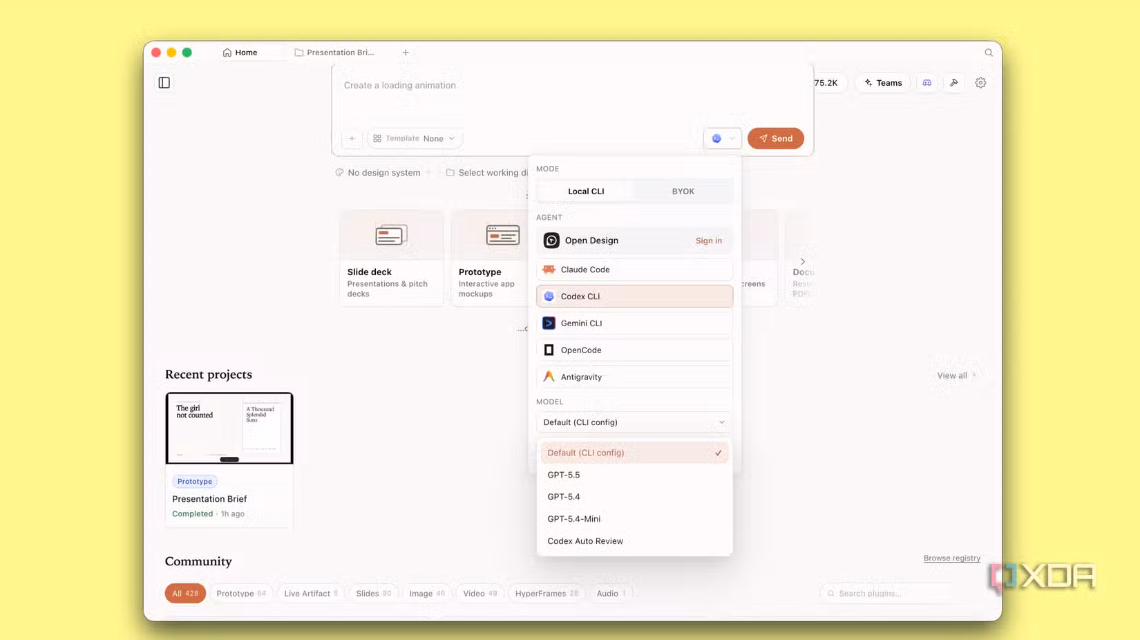 Open Design home, model dropdown showing GPT-5.5, GPT-5.4 and Codex Auto Review
