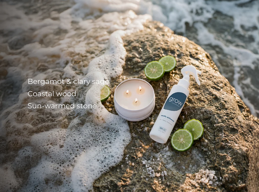 Pacific Driftwood 3-Wick Candle scent notes: Bergamot & clary sage, coastal wood, sun warmed stone (featured)