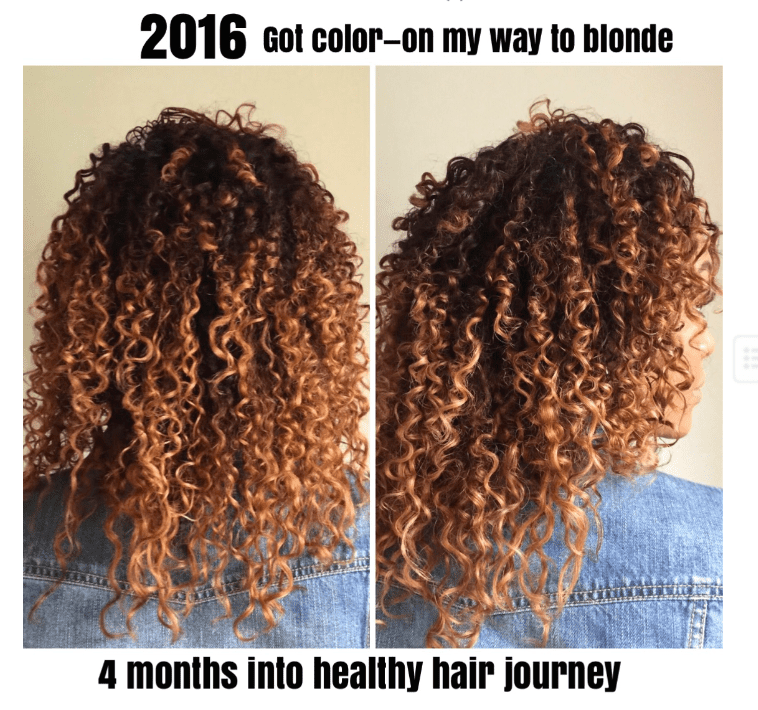 Verna's hair partway through her healthy hair journey, showing healthier new growth.