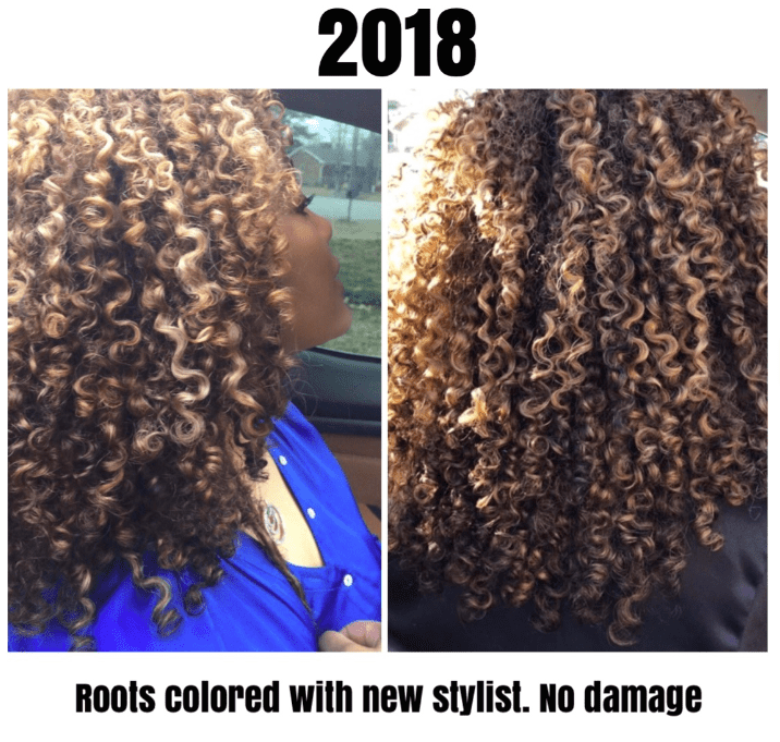 Author's curly hair in 2018 after beginning her healthy hair journey, showing blonde highlighted ringlets following a root touch-up with no visible damage.
