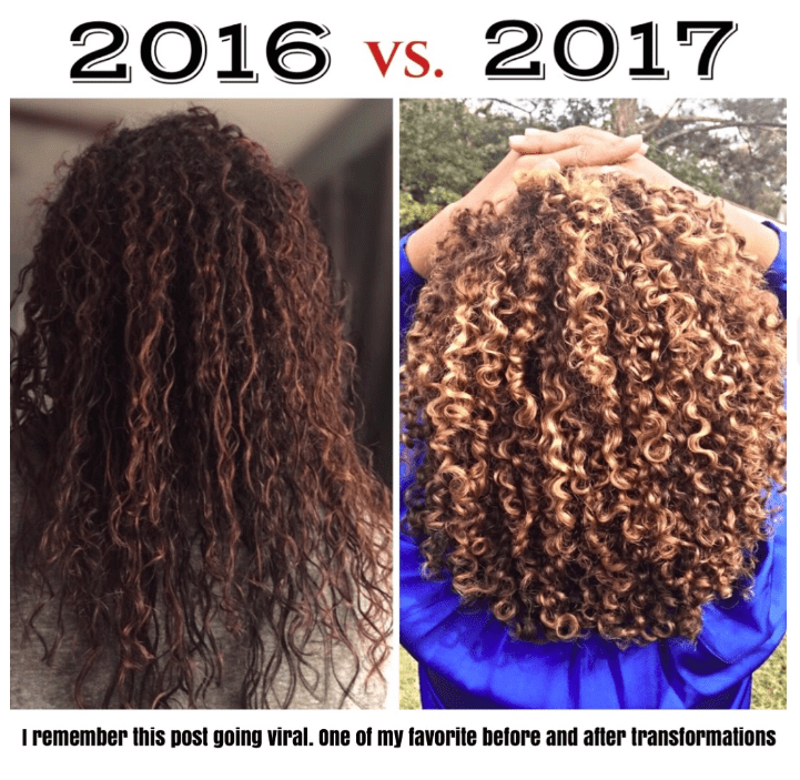 Verna's before and after healthy, defined natural curls after completing her hair journey.