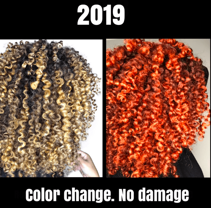 Author's curly hair in 2019 after a bold copper color transformation, showing defined, healthy ringlets with no visible damage during her healthy hair journey.