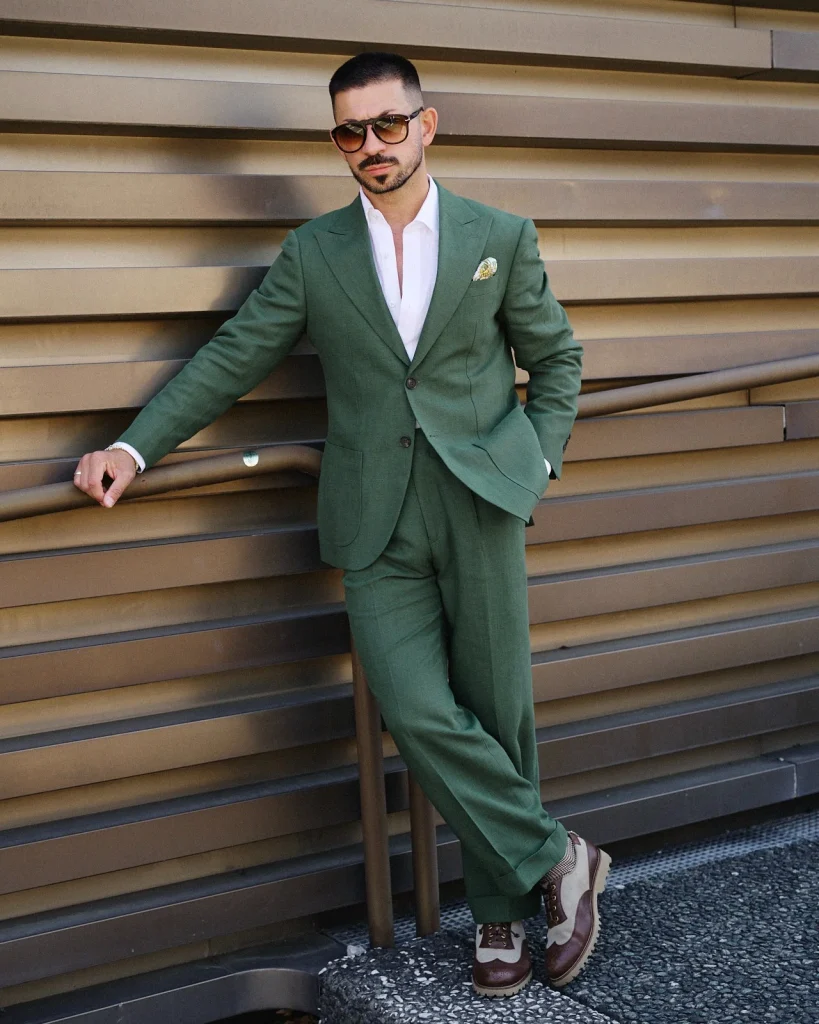 forest green peak lapel suit with white linen cotton shirt