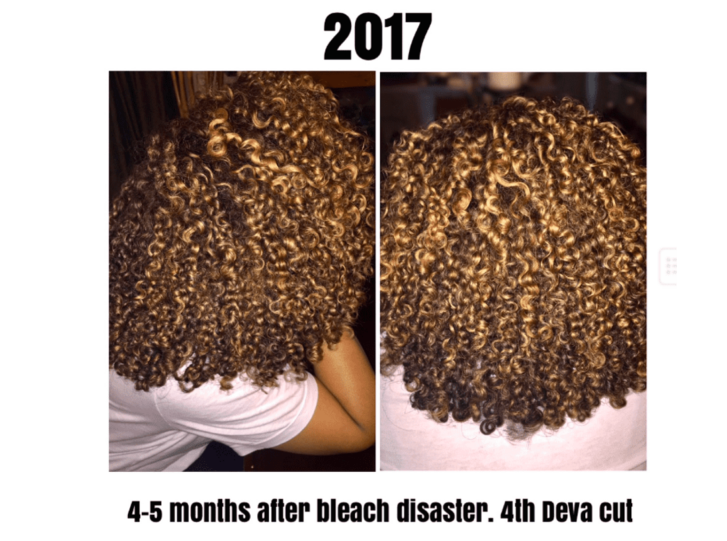 Verna's fully restored curly hair four months after the bleach disaster.