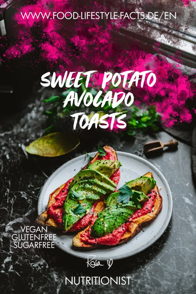 Healthy sweet potato toasts topped with creamy beetroot spread and sliced avocado. Vegan, gluten-free, and rich in vitamin A – perfect for breakfast or a nutritious snack.