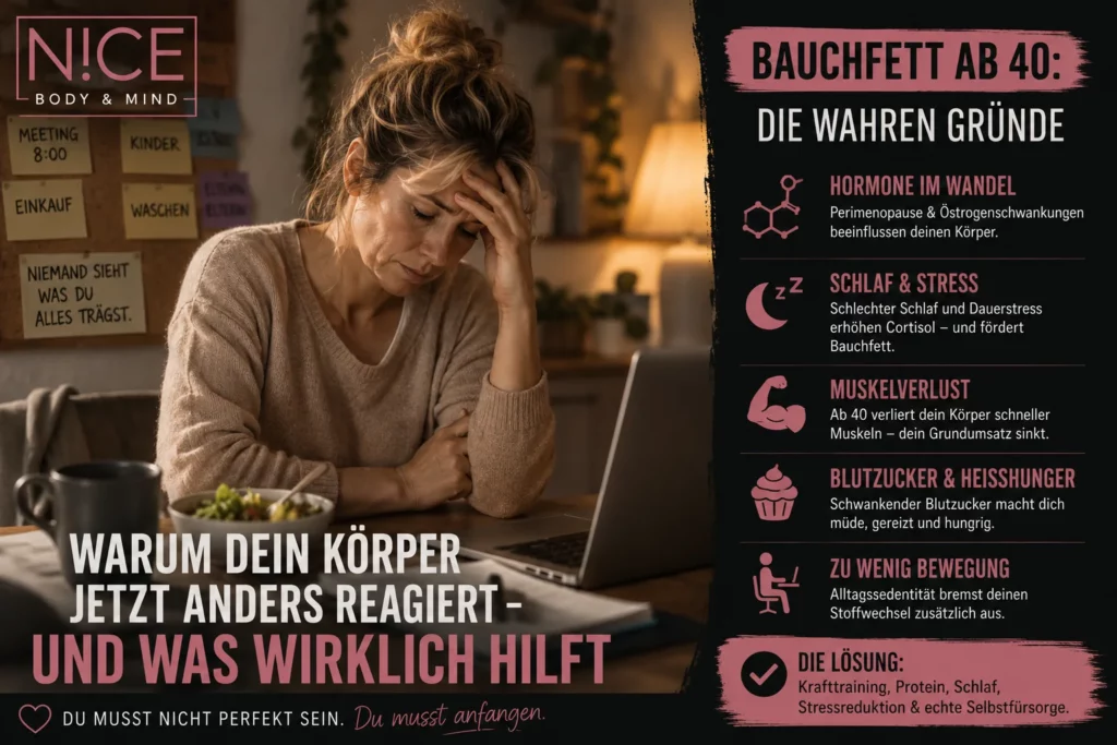 Bauchfett ab 40: Warum Frauen plötzlich zunehmen, obwohl sie nichts anders machen 8 Gestresste Frau im Alltag mit Infografik zu Hormonen, Schlaf, Stress und Bauchfett ab 40