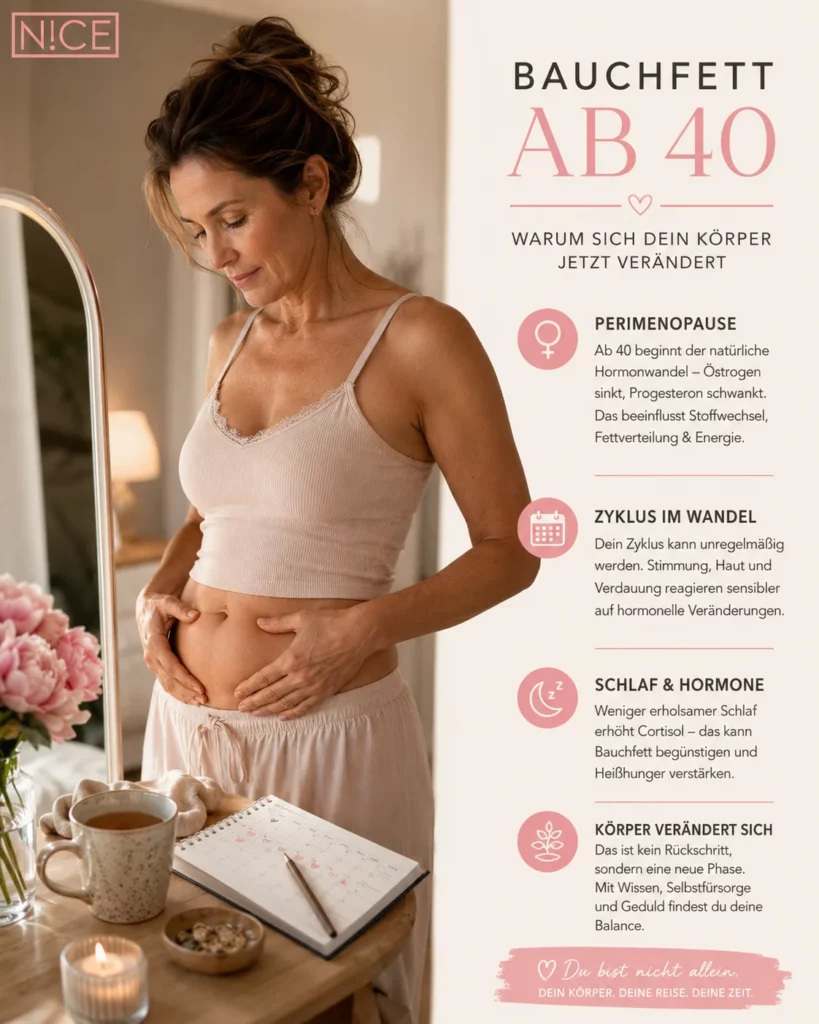 Bauchfett ab 40: Warum Frauen plötzlich zunehmen, obwohl sie nichts anders machen 7 Infografik zu Bauchfett ab 40, Perimenopause, Zyklus, Schlaf und hormonellen Veränderungen