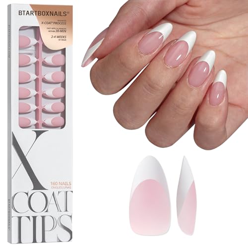Btartboxnails Xcoattips White French Tip Press on Nails, M Almond, Pink