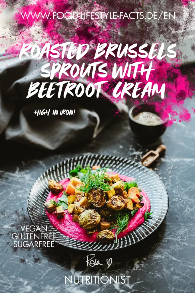 Roasted Brussels Sprouts decorated on pink beetroot cream.