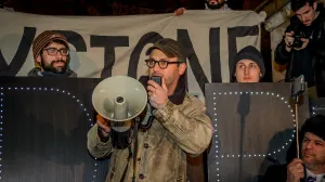 TRUMP INTERNATIONAL HOTEL - COLUMBUS CIRCLE, NEW YORK, NY, UNITED STATES - 2017/01/24: Oscar-nominated 2010 documentary Gasland film director Josh Fox  joined in the evening of January 24 at Columbus Circle in New York for a rally and march to Trump Tower in a massive peaceful protest after Trump signs orders to advance Keystone XL and Dakota Access Pipelines. (Photo by Erik McGregor). (Photo by Erik McGregor/LightRocket via Getty Images)