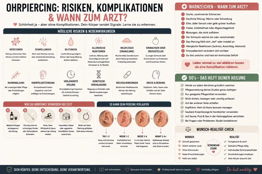 Helix, Daith, Conch & Co.: Der große Ohrpiercing-Guide mit Schmerzlevel, Heilung und Risiken 21 Infografik zu möglichen Risiken, Komplikationen und Warnzeichen bei Ohrpiercings