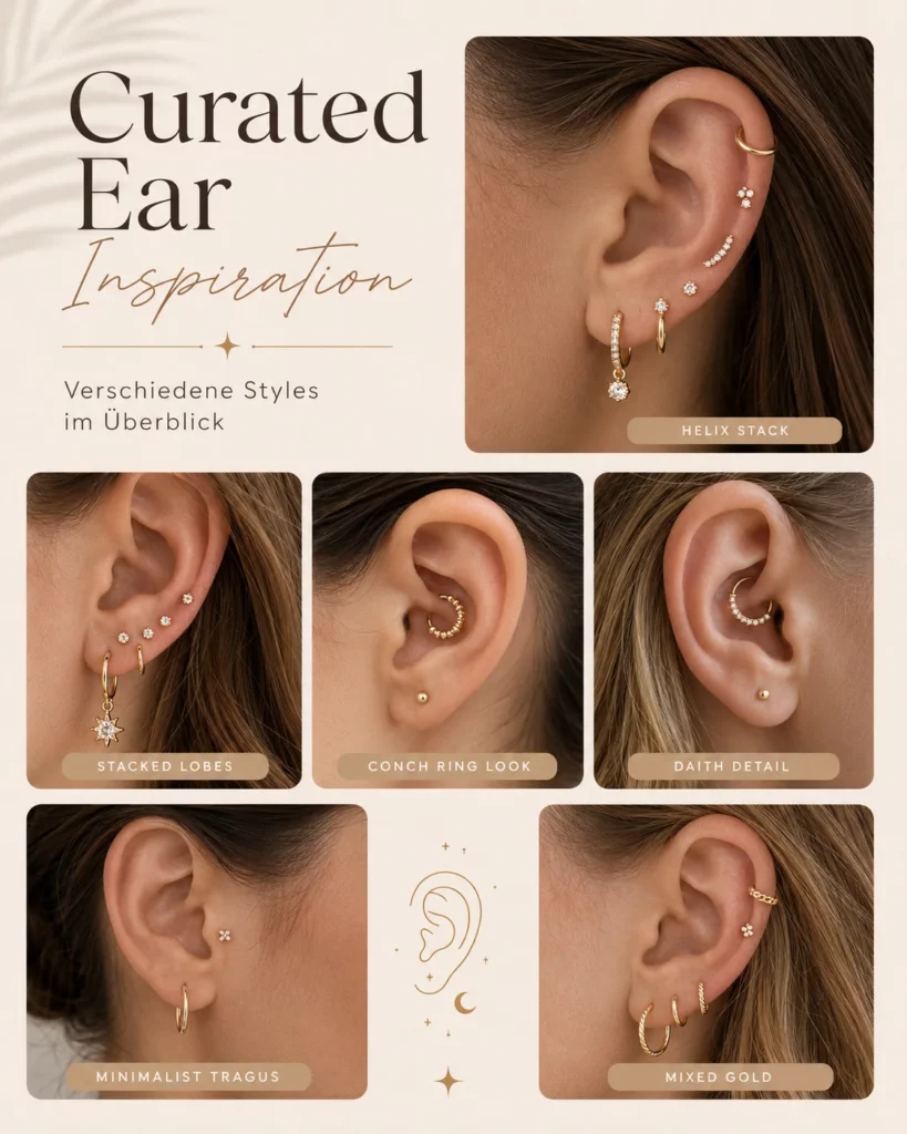Helix, Daith, Conch & Co.: Der große Ohrpiercing-Guide mit Schmerzlevel, Heilung und Risiken 19 Verschiedene elegante Ohrpiercing-Styles als Curated-Ear-Inspiration mit goldenen Schmuckdetails