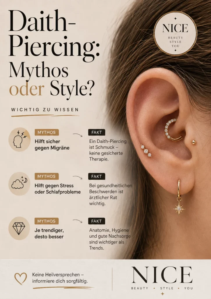 Helix, Daith, Conch & Co.: Der große Ohrpiercing-Guide mit Schmerzlevel, Heilung und Risiken 20 Infografik zum Daith Piercing und Mythen rund um Migräne, Stress, Schlaf und Detox