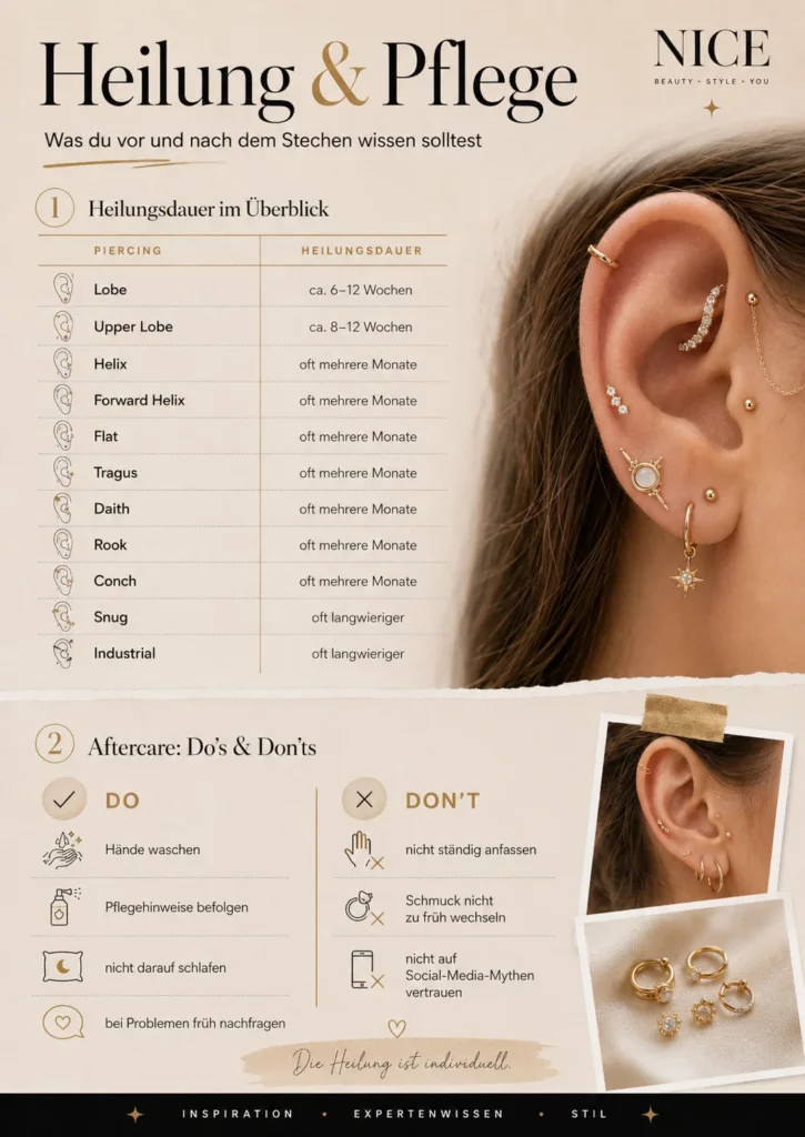 Helix, Daith, Conch & Co.: Der große Ohrpiercing-Guide mit Schmerzlevel, Heilung und Risiken 18 Infografik zur Heilungsdauer und Pflege von Ohrpiercings mit Tipps zu Aftercare und Schmuckwechsel