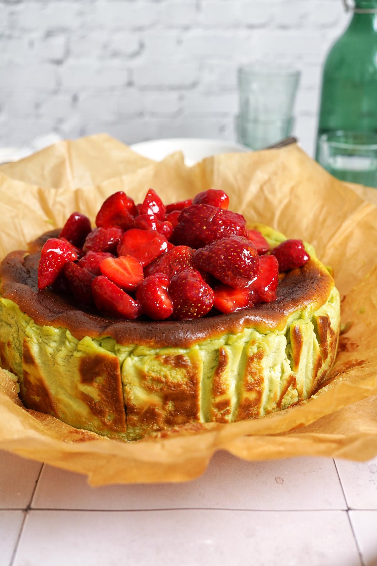 Strawberry Matcha San Sebastian Cheesecake | Bake to the roots