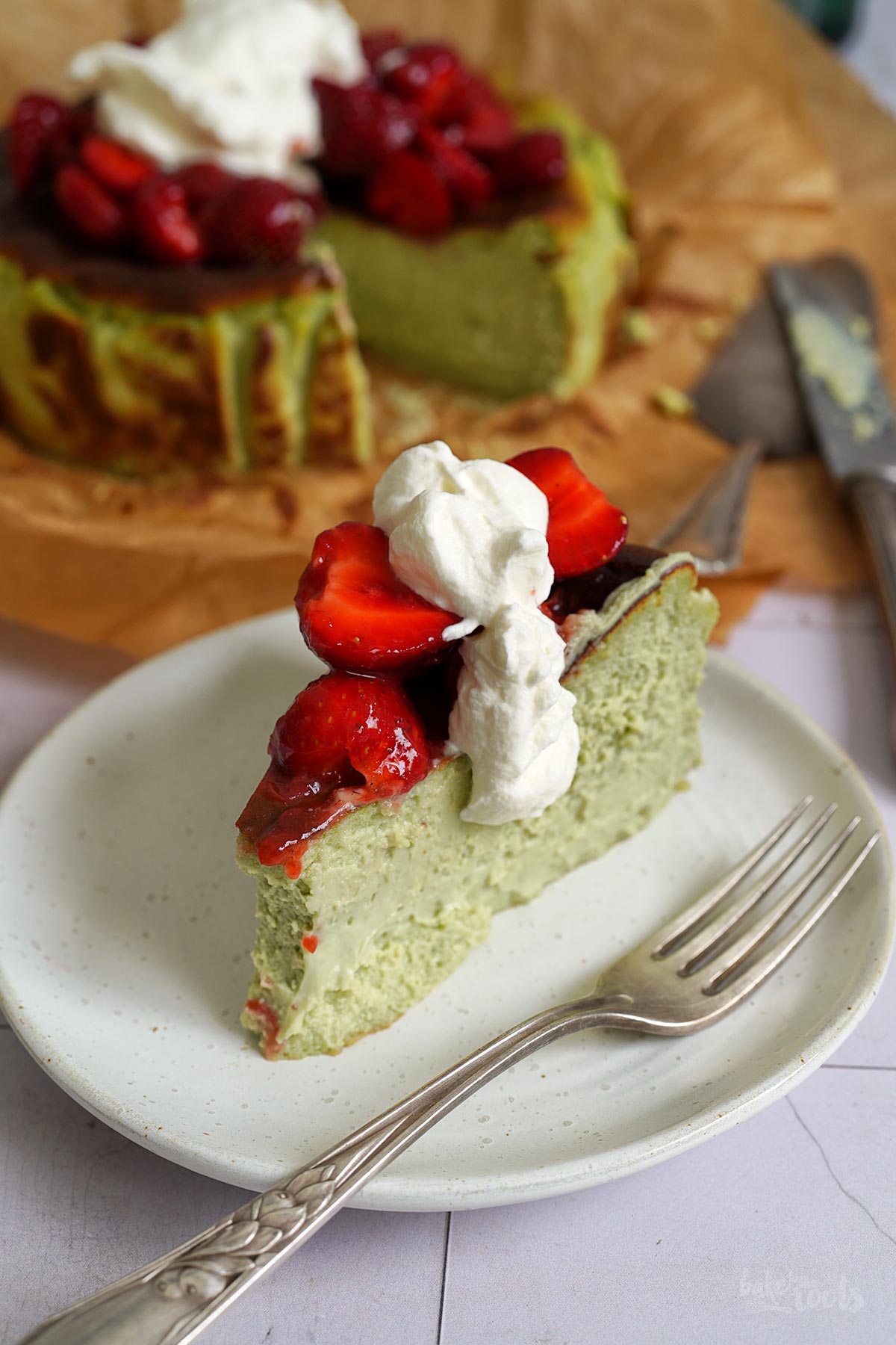 Strawberry Matcha San Sebastian Cheesecake | Bake to the roots