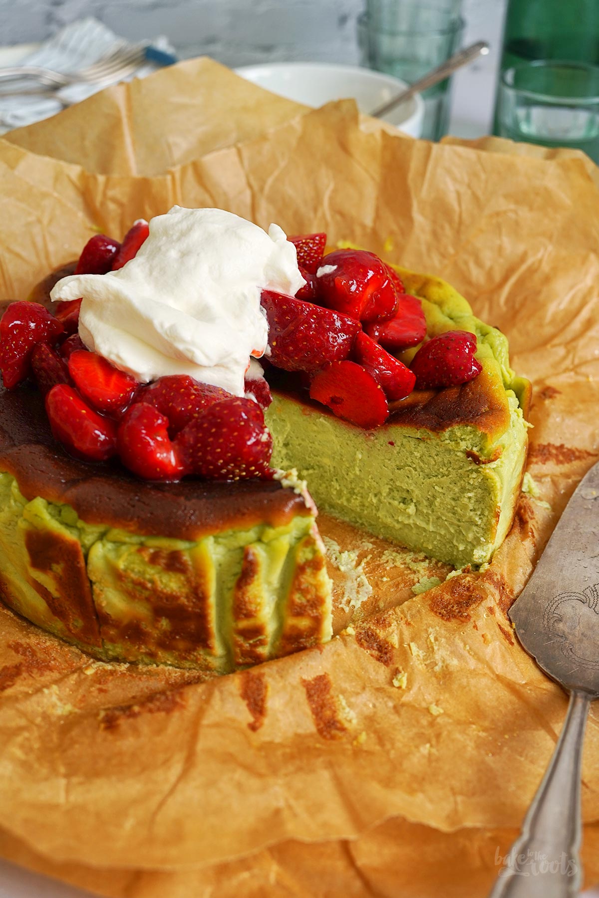 Strawberry Matcha San Sebastian Cheesecake | Bake to the roots