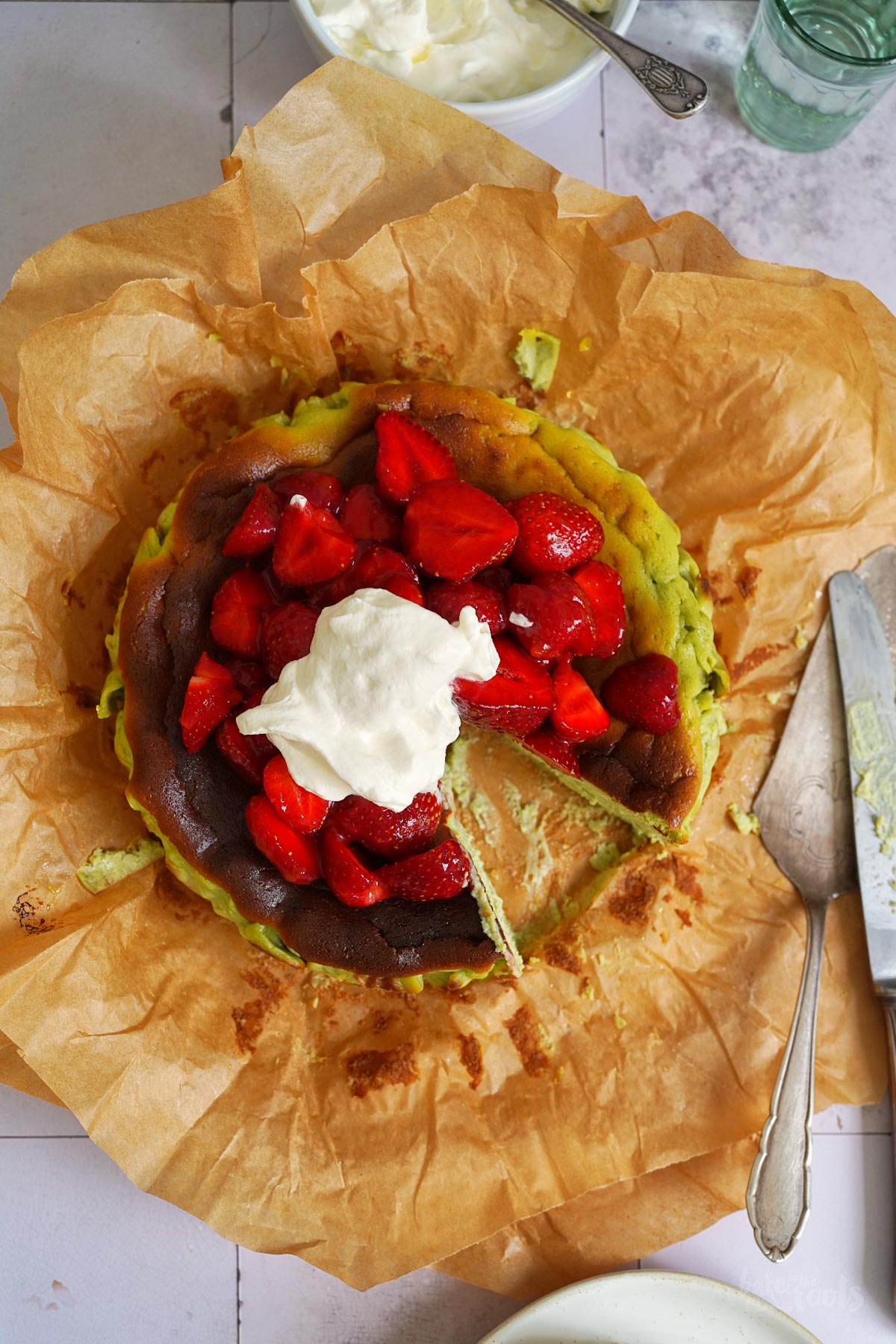 Strawberry Matcha San Sebastian Cheesecake | Bake to the roots