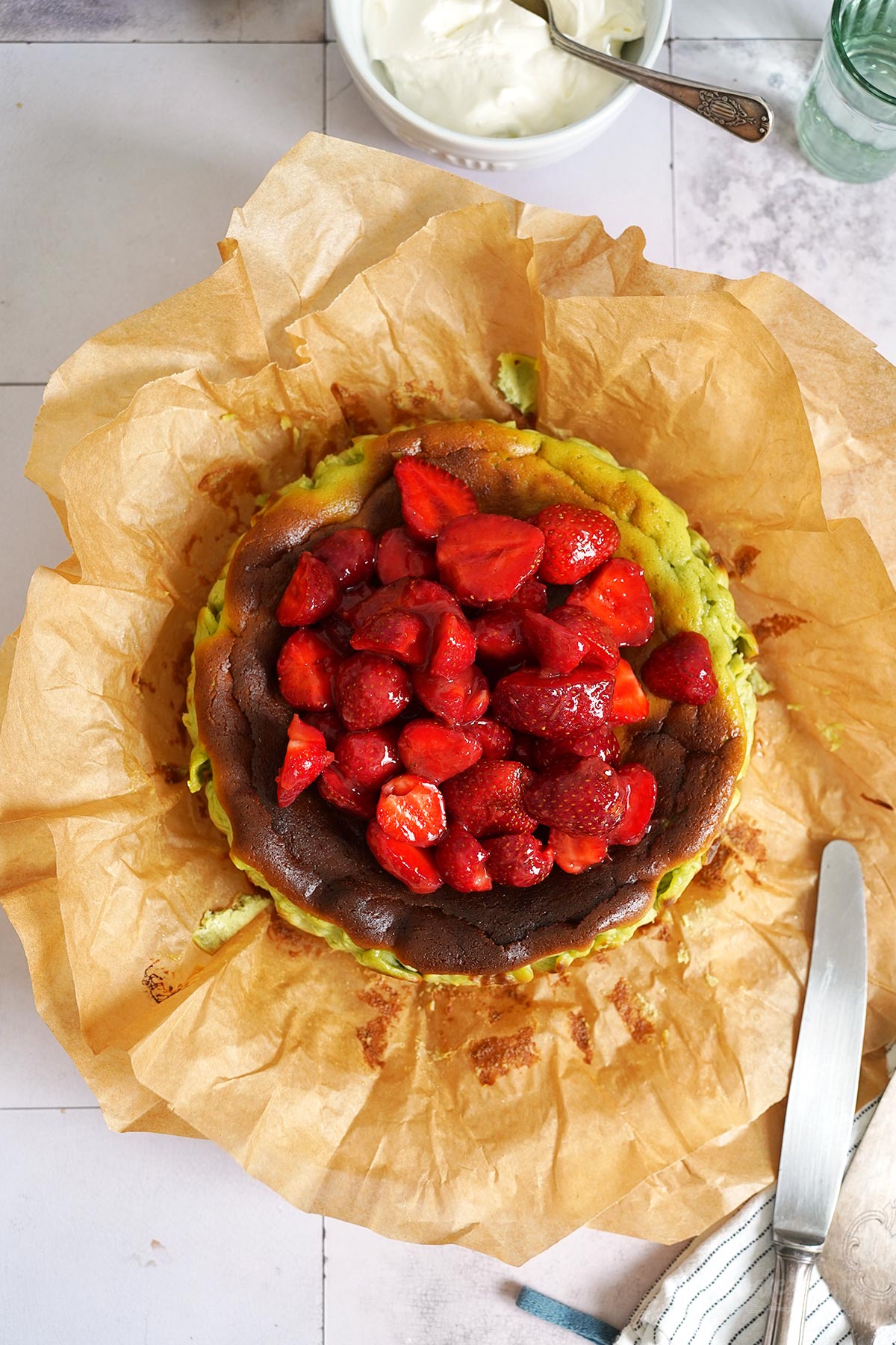 Strawberry Matcha San Sebastian Cheesecake | Bake to the roots