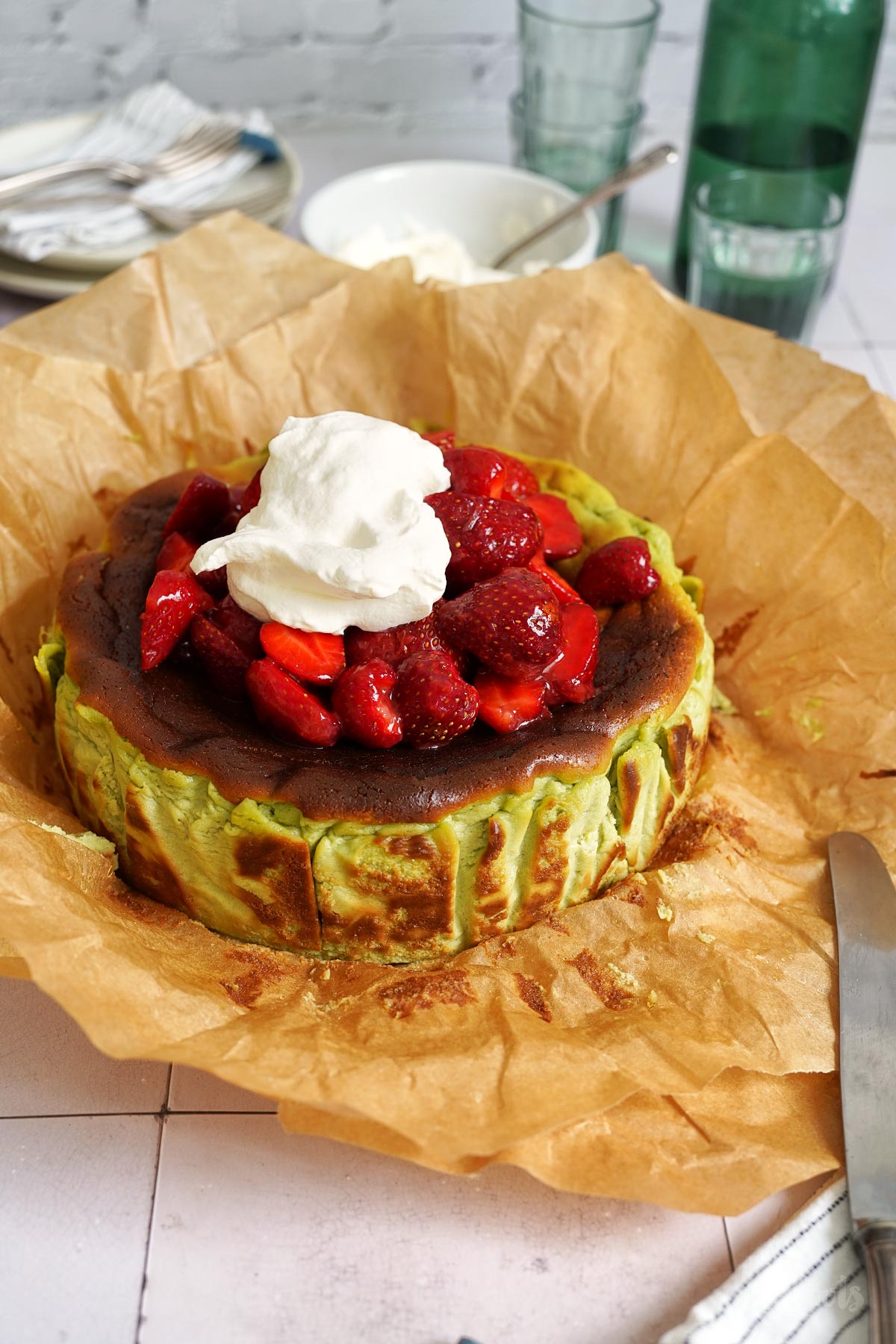 Strawberry Matcha San Sebastian Cheesecake | Bake to the roots