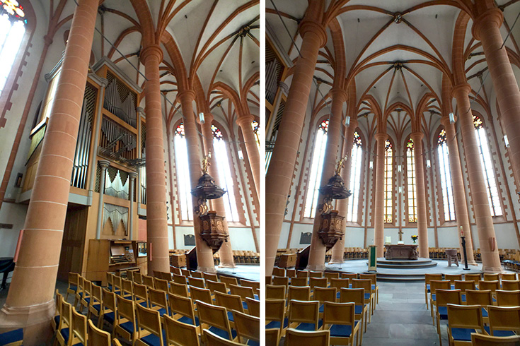 Die Orgel in der Kirche ist nicht so alt, wie Sie vielleicht denken. Sie heißt Steinmeyer/Lenter-Orgel und war die letzte von der Firma GF Steinmeyer & Co. gebaute Orgel. Der Bau dieser Orgel begann 1980 und wurde 1994 von Steinmeyer abgeschlossen. Sie verfügt über 63 Register, etwa 5000 Pfeifen und ist die 13. Orgel, die in der Heiliggeistkirche installiert wurde. Die Intonation (Tonhöhengenauigkeitsanpassung) wurde 1997 von Gerhard Lenter vorgenommen, was zu einem weicheren Klangbild führte.