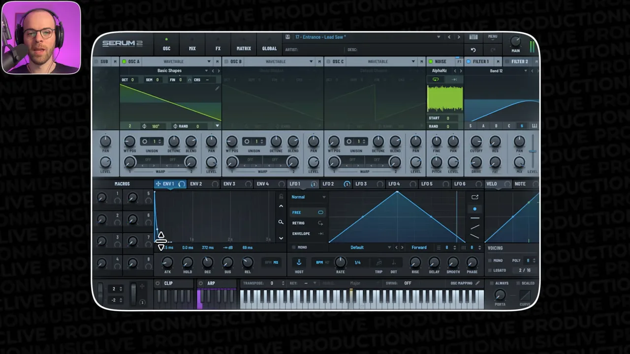 Serum-Säge-Lead-Patch für melodischen Techno mit mutiger Hüllkurve und LFO-Tonhöhenmodulation