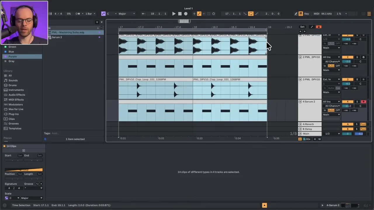 Grundlegender Drum-Groove der Stufe 1 in Ableton: Kick, Hat, Clap und Bass