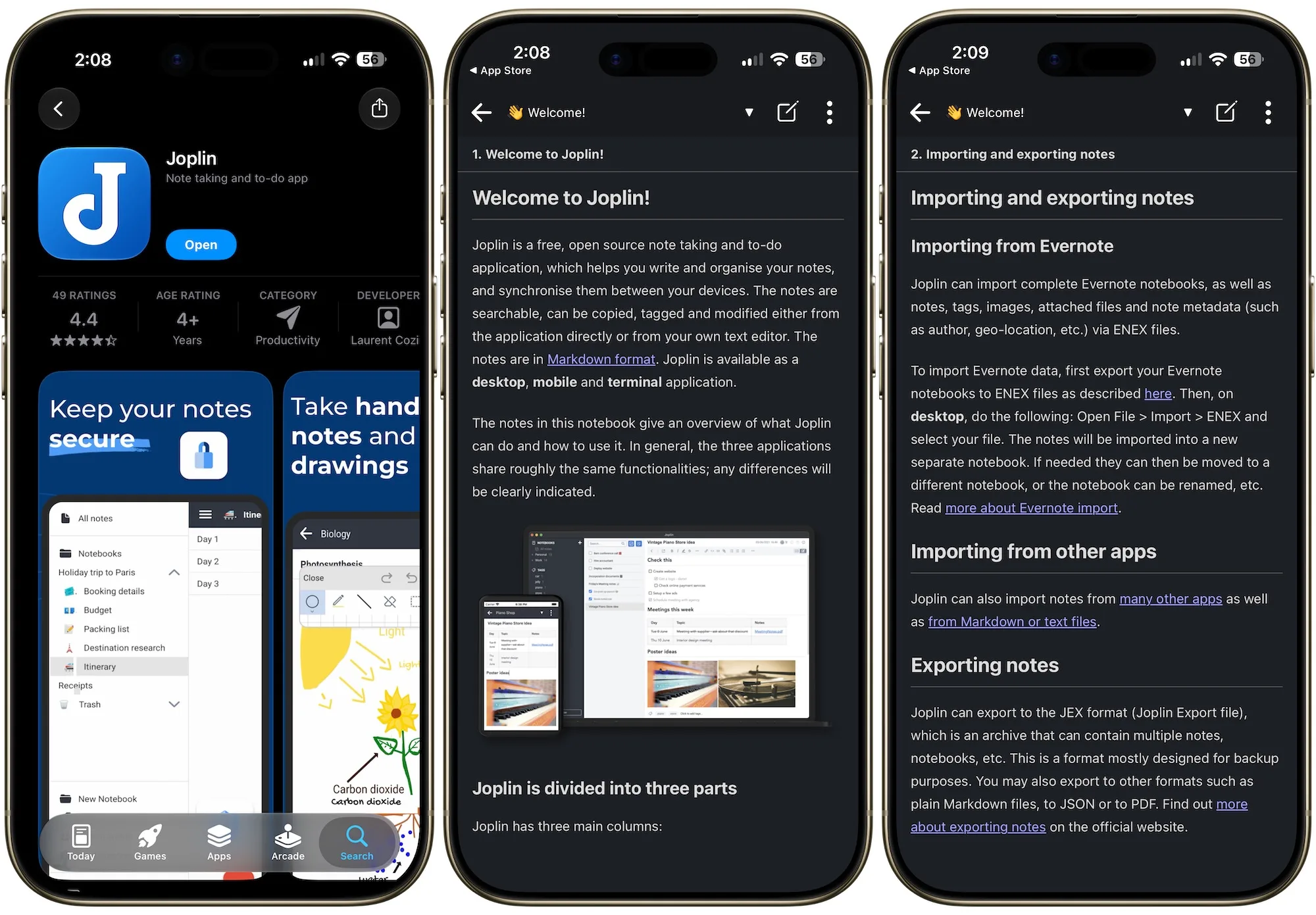 Screenshots der Joplin-App