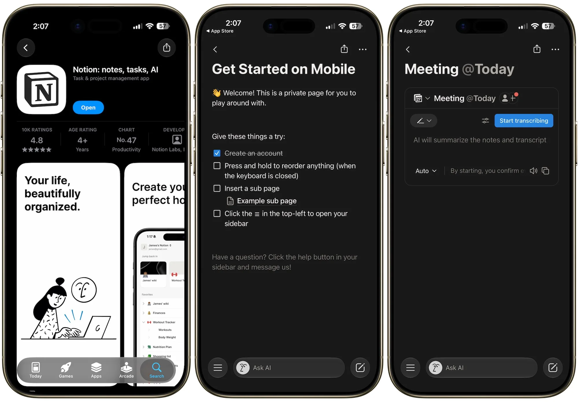 Screenshots der Notion-App