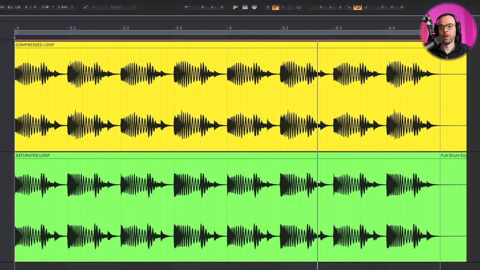 Komprimierter Drum-Loop im Vergleich zu einem gesättigten, abgeschnittenen Loop mit mehr Headroom