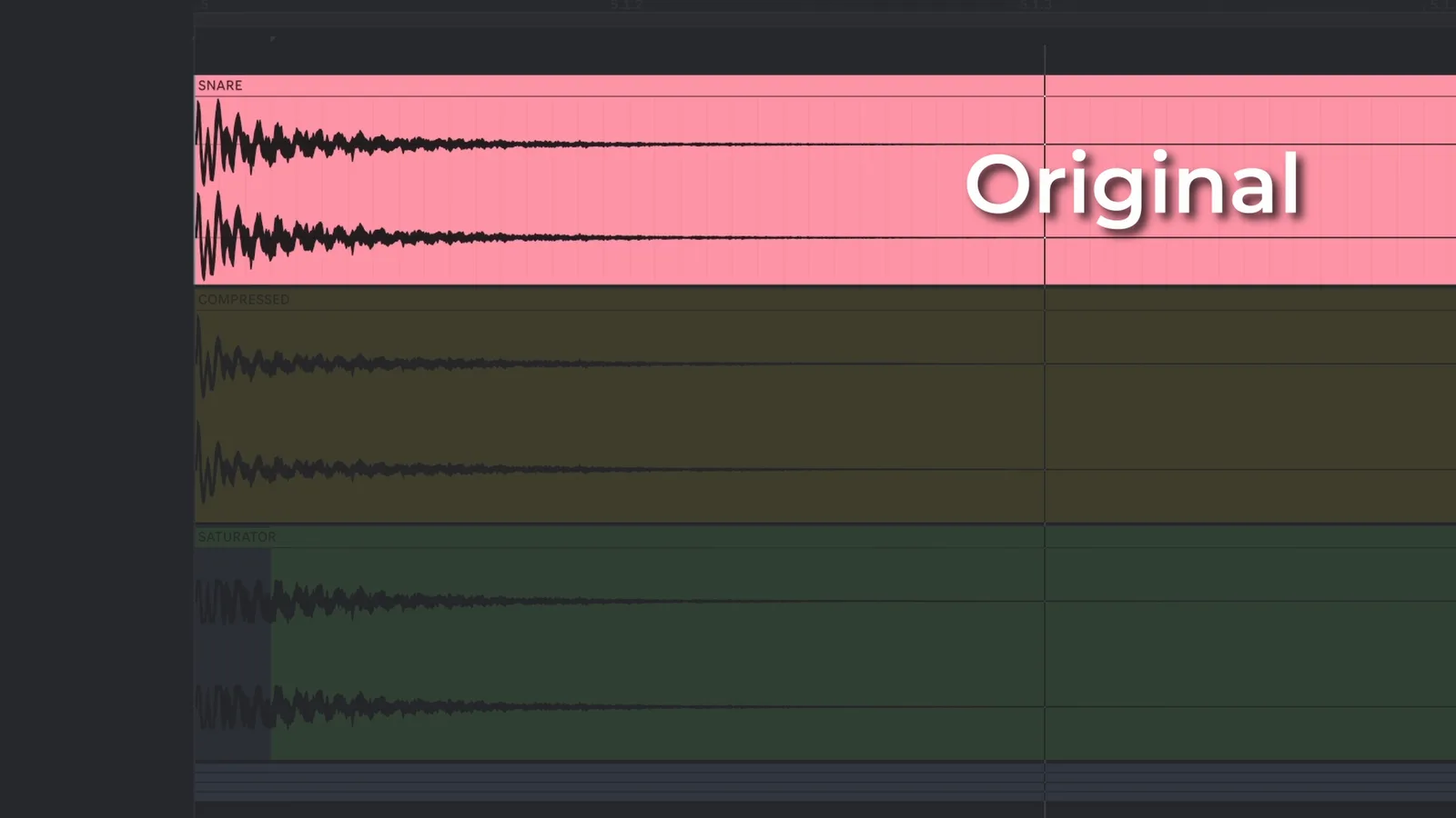 Ursprüngliche Snare-Wellenform im Vergleich zur abgeschnittenen Wellenform nach Saturator