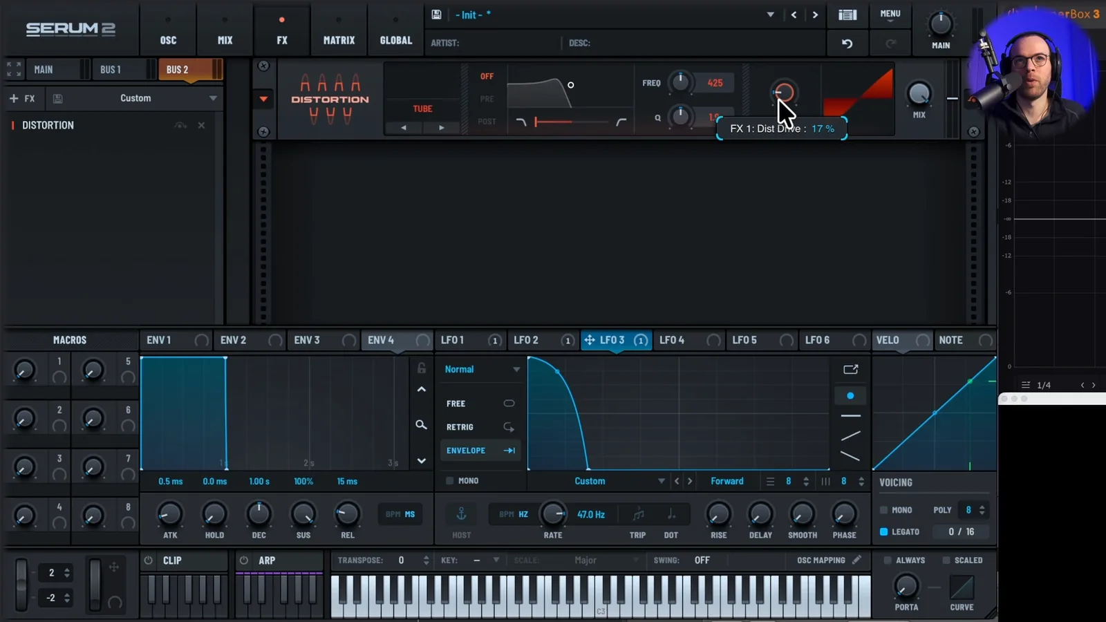 Serum 2-Verzerrung, angetrieben durch eine Hüllkurve für einen Klick