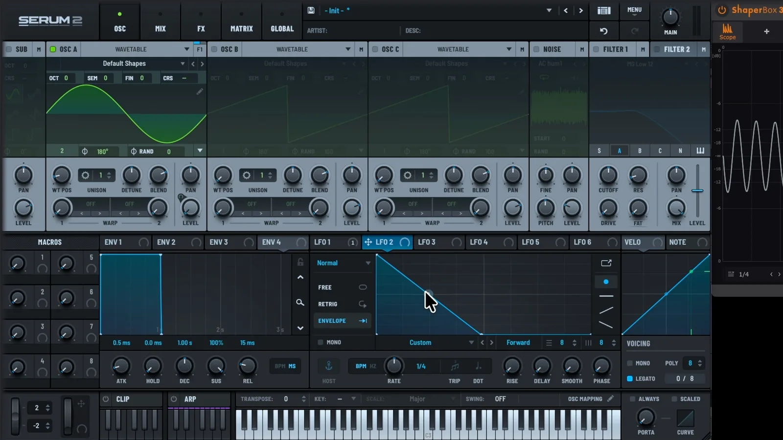 Serum 2-Sinusoszillator mit einer Tonhöhenhüllkurve, die für einen Kick auf eine grobe Tonhöhe geroutet ist